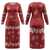 Red Hawaii Palm Tree Hibiscus Family Matching Long Sleeve Bodycon Dress and Hawaiian Shirt Fantasy Summer Vibe