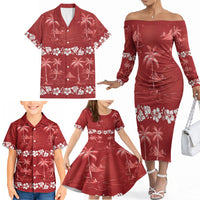 Red Hawaii Palm Tree Hibiscus Family Matching Off The Shoulder Long Sleeve Dress and Hawaiian Shirt Fantasy Summer Vibe