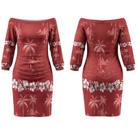 Red Hawaii Palm Tree Hibiscus Family Matching Off The Shoulder Long Sleeve Dress and Hawaiian Shirt Fantasy Summer Vibe