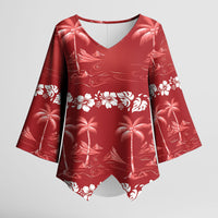 Red Hawaii Palm Tree Hibiscus Kimono Sleeve Blouse Fantasy Summer Vibe