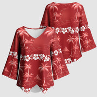 Red Hawaii Palm Tree Hibiscus Kimono Sleeve Blouse Fantasy Summer Vibe