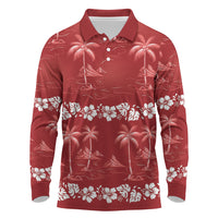 Red Hawaii Palm Tree Hibiscus Long Sleeve Polo Shirt Fantasy Summer Vibe