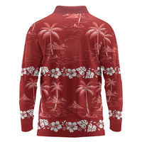 Red Hawaii Palm Tree Hibiscus Long Sleeve Polo Shirt Fantasy Summer Vibe