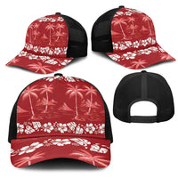 Red Hawaii Palm Tree Hibiscus Mesh Trucker Cap Fantasy Summer Vibe
