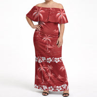 Red Hawaii Palm Tree Hibiscus Off Shoulder Maxi Dress Fantasy Summer Vibe