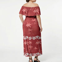Red Hawaii Palm Tree Hibiscus Off Shoulder Maxi Dress Fantasy Summer Vibe