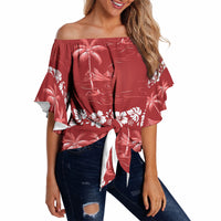 Red Hawaii Palm Tree Hibiscus Off Shoulder Wrap Waist Top Fantasy Summer Vibe