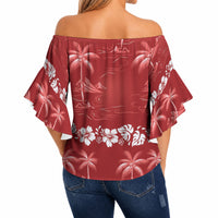 Red Hawaii Palm Tree Hibiscus Off Shoulder Wrap Waist Top Fantasy Summer Vibe