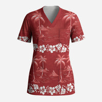 Red Hawaii Palm Tree Hibiscus Scrub Top Fantasy Summer Vibe