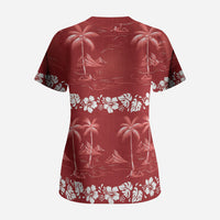 Red Hawaii Palm Tree Hibiscus Scrub Top Fantasy Summer Vibe