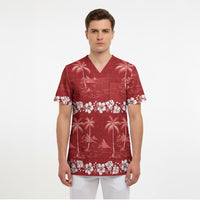 Red Hawaii Palm Tree Hibiscus Scrub Top Fantasy Summer Vibe