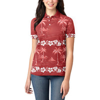Red Hawaii Palm Tree Hibiscus Women Polo Shirt Fantasy Summer Vibe
