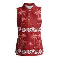Red Hawaii Palm Tree Hibiscus Women Sleeveless Polo Shirt Fantasy Summer Vibe