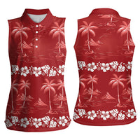 Red Hawaii Palm Tree Hibiscus Women Sleeveless Polo Shirt Fantasy Summer Vibe