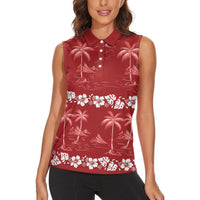 Red Hawaii Palm Tree Hibiscus Women Sleeveless Polo Shirt Fantasy Summer Vibe