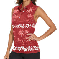 Red Hawaii Palm Tree Hibiscus Women Sleeveless Polo Shirt Fantasy Summer Vibe
