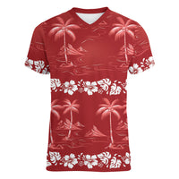 Red Hawaii Palm Tree Hibiscus Women V-Neck T-Shirt Fantasy Summer Vibe
