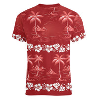 Red Hawaii Palm Tree Hibiscus Women V-Neck T-Shirt Fantasy Summer Vibe