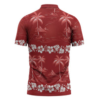 Red Hawaii Palm Tree Hibiscus Zipper Polo Shirt Fantasy Summer Vibe