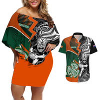 New Zealand and Ireland Rugby Couples Matching Off Shoulder Short Dress and Hawaiian Shirt Silver Fern With Shamrock 2023 World Cup LT01 Art - Polynesian Pride