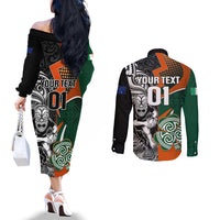 New Zealand and Ireland Rugby Couples Matching Off The Shoulder Long Sleeve Dress and Long Sleeve Button Shirts Silver Fern With Shamrock 2023 World Cup LT01 - Polynesian Pride