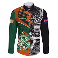 New Zealand and Ireland Rugby Family Matching Puletasi Dress and Hawaiian Shirt Silver Fern With Shamrock 2023 World Cup LT01 Dad's Shirt - Long Sleeve Art - Polynesian Pride