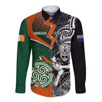 New Zealand and Ireland Rugby Long Sleeve Button Shirt Silver Fern With Shamrock 2023 World Cup LT01 Unisex Art - Polynesian Pride