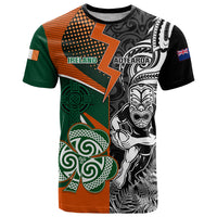 New Zealand and Ireland Rugby T Shirt Silver Fern With Shamrock 2023 World Cup LT01 Art - Polynesian Pride