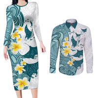 Maori Manta Ray Plumeria Teal Couples Matching Long Sleeve Bodycon Dress and Long Sleeve Button Shirt