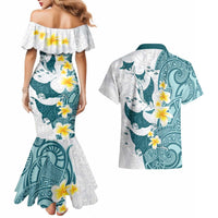 Maori Manta Ray Plumeria Teal Couples Matching Mermaid Dress and Hawaiian Shirt