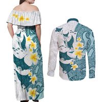 Maori Manta Ray Plumeria Teal Couples Matching Off Shoulder Maxi Dress and Long Sleeve Button Shirt