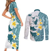 Maori Manta Ray Plumeria Teal Couples Matching Short Sleeve Bodycon Dress and Long Sleeve Button Shirt