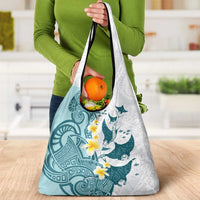 Maori Manta Ray Plumeria Teal Grocery Bag