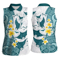 Maori Manta Ray Plumeria Teal Women Sleeveless Polo Shirt LT01 - Polynesian Pride