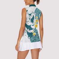 Maori Manta Ray Plumeria Teal Women Sleeveless Polo Shirt LT01 - Polynesian Pride