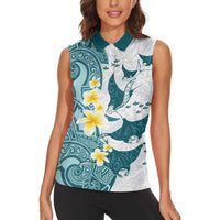 Maori Manta Ray Plumeria Teal Women Sleeveless Polo Shirt LT01 - Polynesian Pride