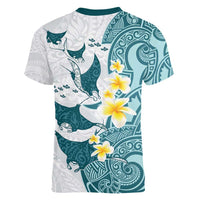 Maori Manta Ray Plumeria Teal Women V-Neck T-Shirt LT01 - Polynesian Pride
