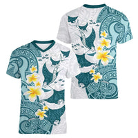 Maori Manta Ray Plumeria Teal Women V-Neck T-Shirt LT01 - Polynesian Pride