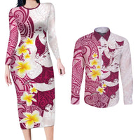 Maori Manta Ray Plumeria Royal Pink Couples Matching Long Sleeve Bodycon Dress and Long Sleeve Button Shirt