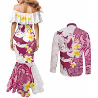 Maori Manta Ray Plumeria Royal Pink Couples Matching Mermaid Dress and Long Sleeve Button Shirt