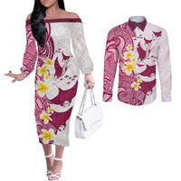 Maori Manta Ray Plumeria Royal Pink Couples Matching Off The Shoulder Long Sleeve Dress and Long Sleeve Button Shirt