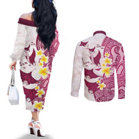 Maori Manta Ray Plumeria Royal Pink Couples Matching Off The Shoulder Long Sleeve Dress and Long Sleeve Button Shirt