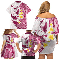 Maori Manta Ray Plumeria Royal Pink Family Matching Off Shoulder Short Dress and Hawaiian Shirt