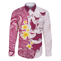 Maori Manta Ray Plumeria Royal Pink Family Matching Puletasi and Hawaiian Shirt LT01 Dad's Shirt - Long Sleeve Pink - Polynesian Pride