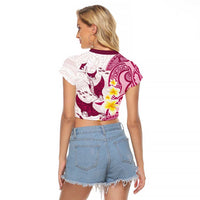 Maori Manta Ray Plumeria Royal Pink Raglan Cropped T Shirt