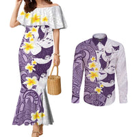 Maori Manta Ray Plumeria Deep Purple Couples Matching Mermaid Dress and Long Sleeve Button Shirt