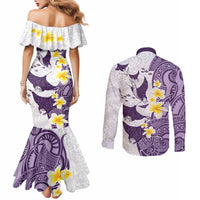 Maori Manta Ray Plumeria Deep Purple Couples Matching Mermaid Dress and Long Sleeve Button Shirt