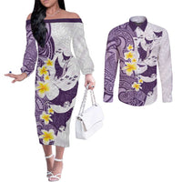 Maori Manta Ray Plumeria Deep Purple Couples Matching Off The Shoulder Long Sleeve Dress and Long Sleeve Button Shirt