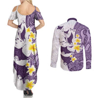 Maori Manta Ray Plumeria Deep Purple Couples Matching Summer Maxi Dress and Long Sleeve Button Shirt