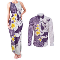 Maori Manta Ray Plumeria Deep Purple Couples Matching Tank Maxi Dress and Long Sleeve Button Shirt